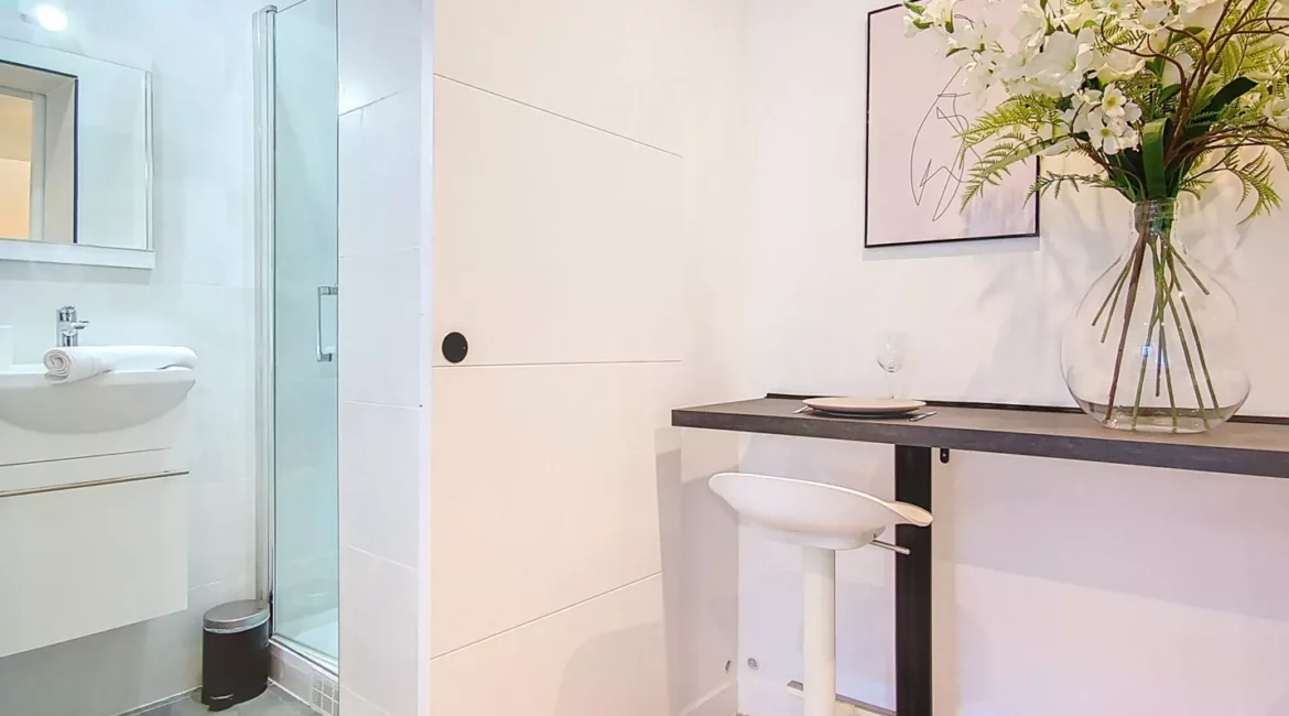 cuisine compacte avec salle de bain attenante location appartement argenteuil Coin salle de bain moderne avec fleurs blanches.