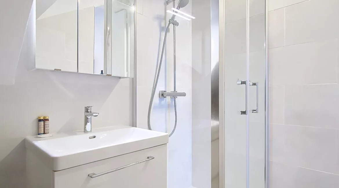 douche moderne location appartement argenteuil Salle de bain avec douche moderne et lavabo blanc.