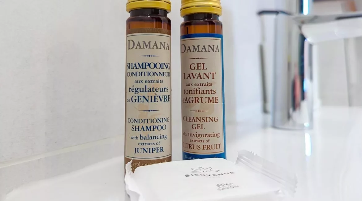 produits bienvenue salle de bain location appartement argenteuil Produits de bain sur l'évier.