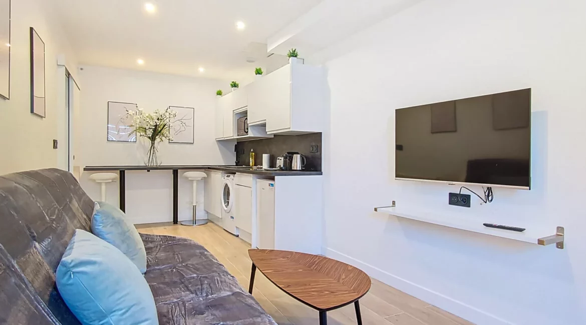 salon moderne avec canapé et télé location appartement argenteuil Salon moderne avec cuisine et canapé gris.