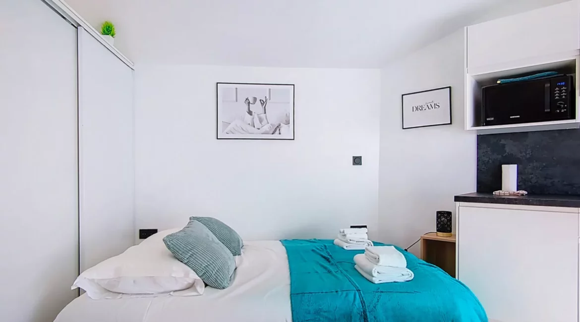 studio lit confort decoration moderne location appartement court et long sejour argenteuil Chambre moderne avec lit double et micro-ondes.