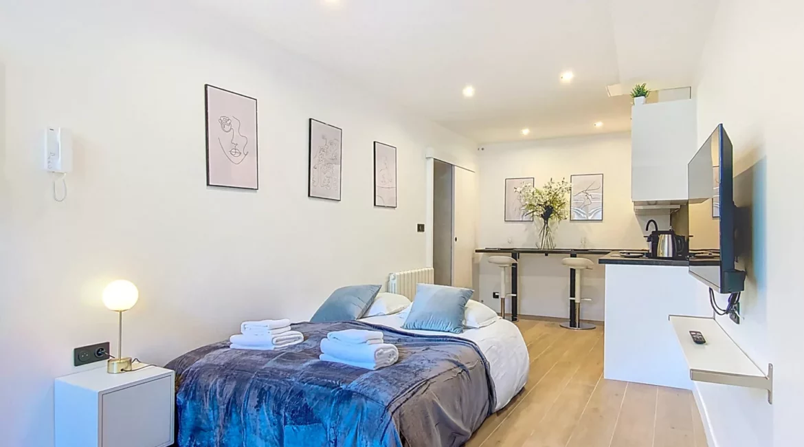 studio moderne avec lit, cuisine et décoration minimaliste location appartement argenteuil Studio moderne avec lit et cuisine équipée.