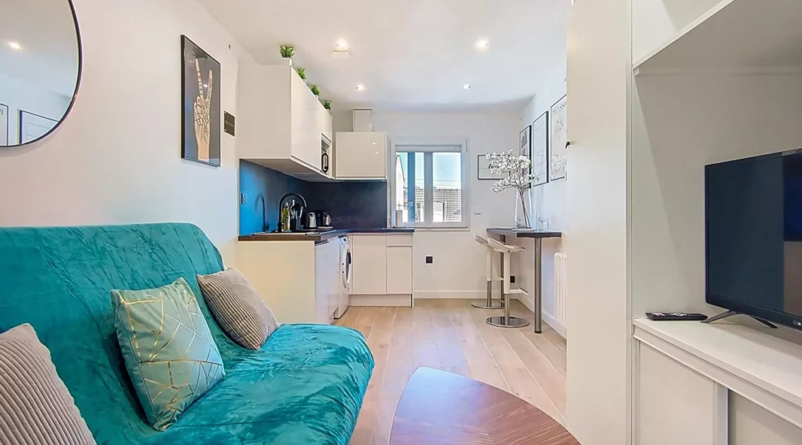 vue generale studio location appartement argenteuil Salon moderne avec canapé vert et cuisine intégrée.