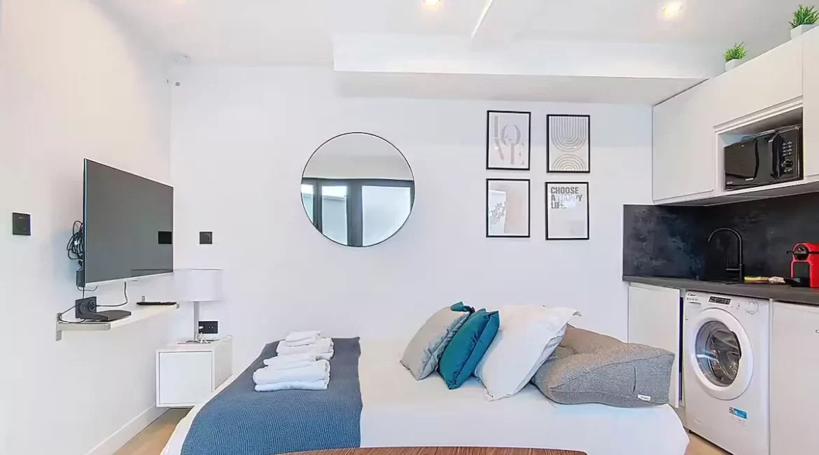 Studio moderne avec lit et cuisine intégrée.