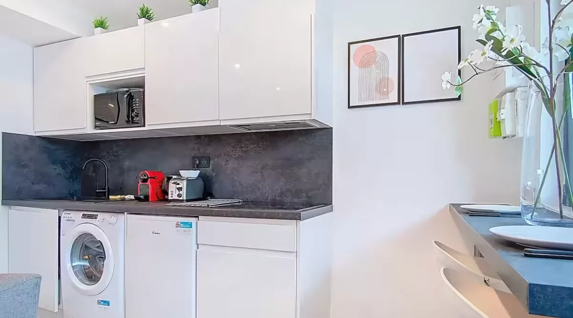 Petite cuisine moderne avec électroménagers et décoration élégante.