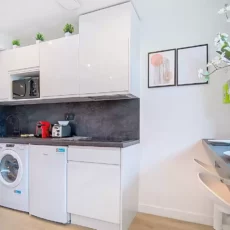 Petite cuisine moderne avec électroménagers et décoration élégante.