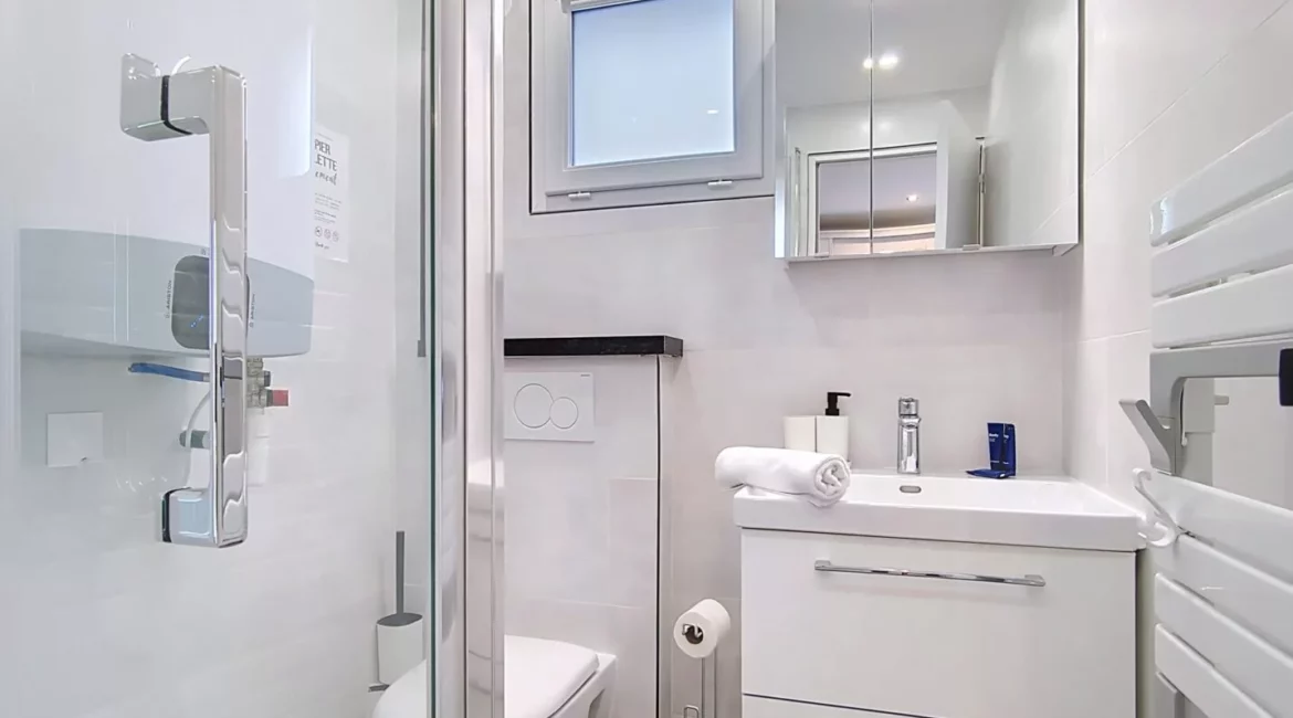 salle de bain location studio voyage argenteuil Salle de bain moderne avec douche et lavabo.