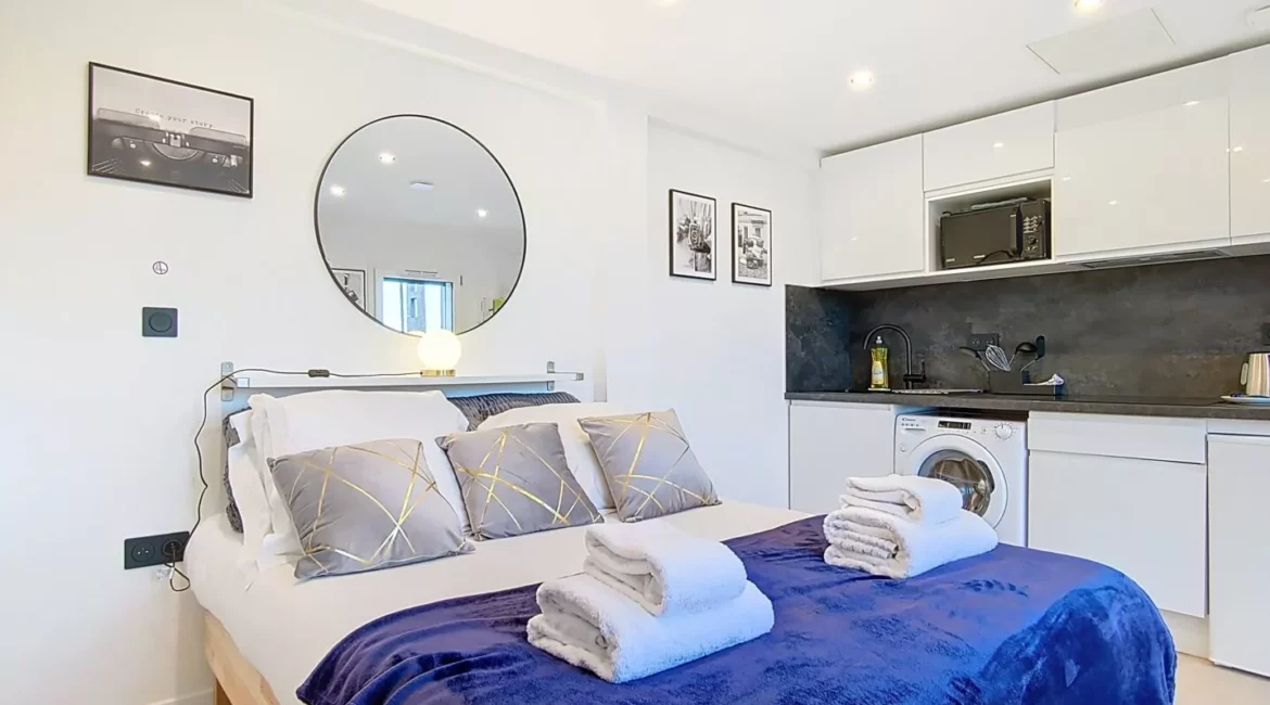 Studio moderne avec lit, cuisine équipée.