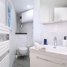 Salle de bain moderne avec douche et lavabo.